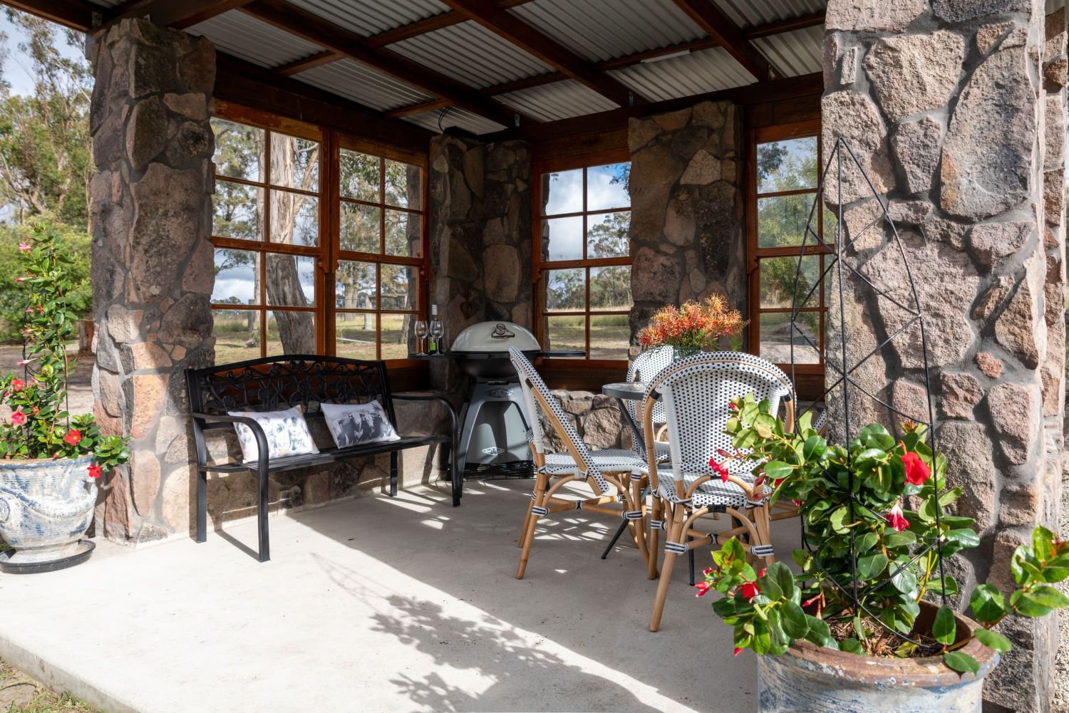 The stone gazebo, built from rock collected on the farm